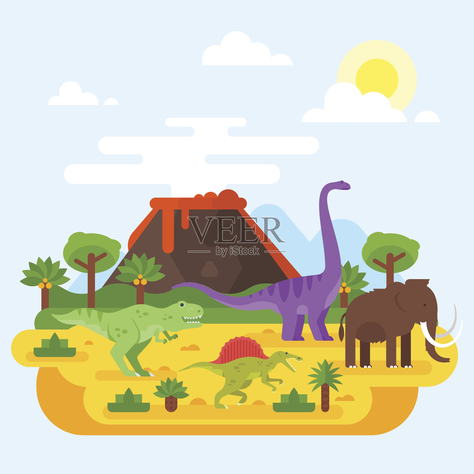 史前景观山脉和火山与恐龙。插画图片素材