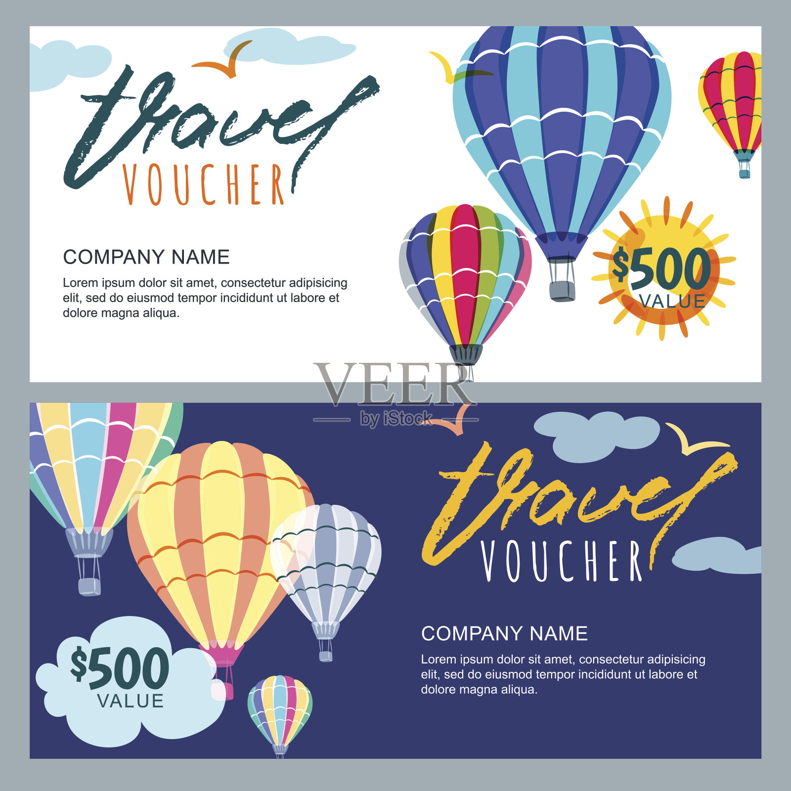 矢量礼品旅游券模板。天空中五颜六色的热气球。为旅行社和销售机票的概念。设计模板素材