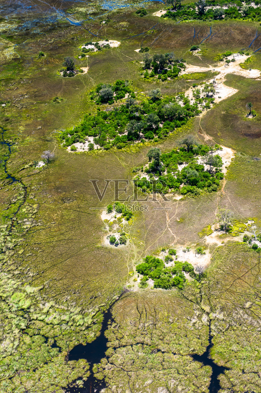 航空全景的奥卡万戈三角洲(奥卡万戈草原)，非洲七大自然奇观之一，博茨瓦纳照片摄影图片