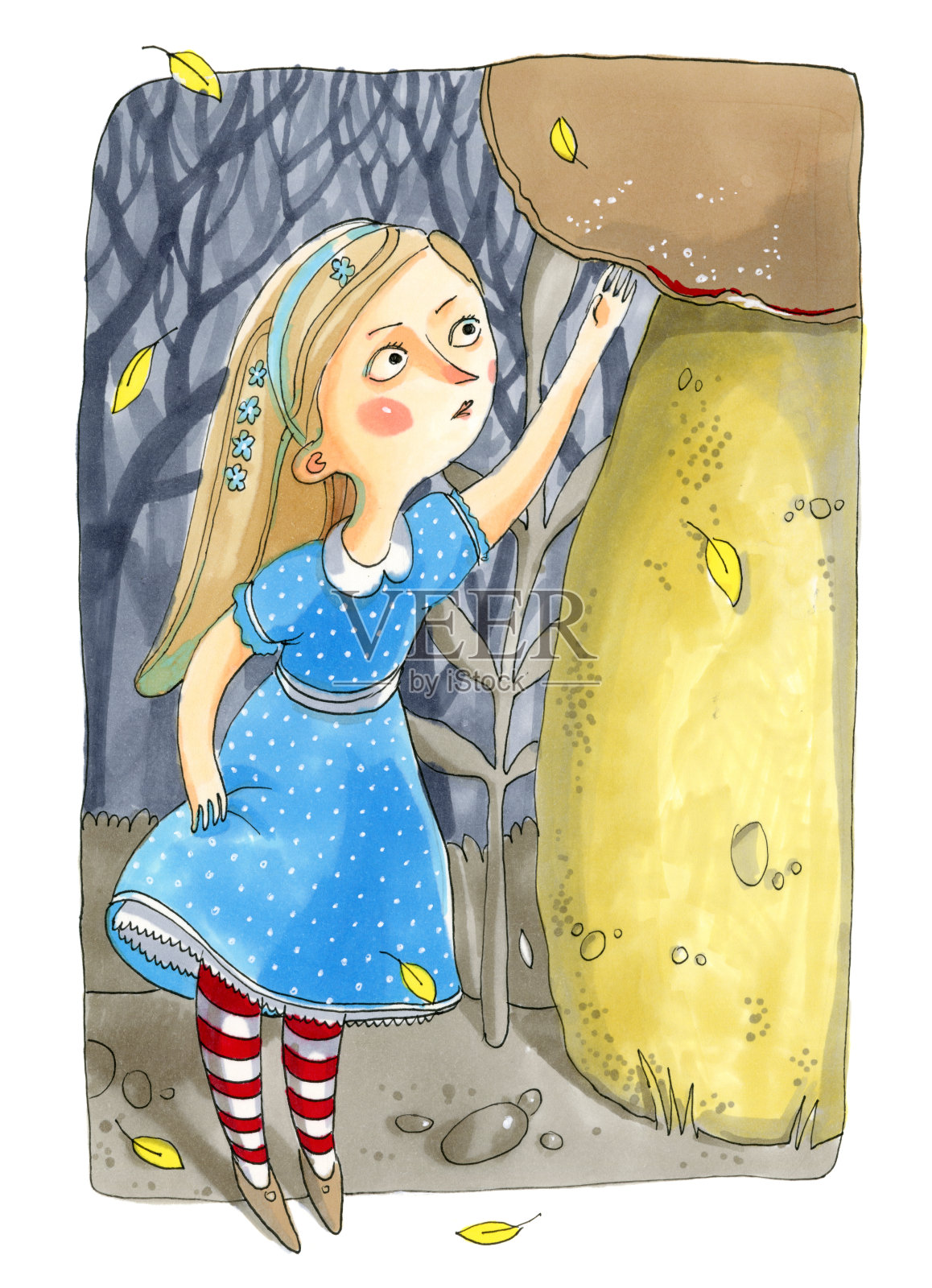 水彩插图孤立的白色背景。关于爱丽丝梦游仙境的童话故事。穿蓝衣服的女孩站在大蘑菇旁边插画图片素材