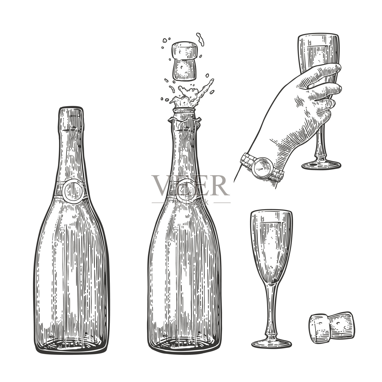 香槟酒瓶爆炸和手持玻璃杯。设计元素图片