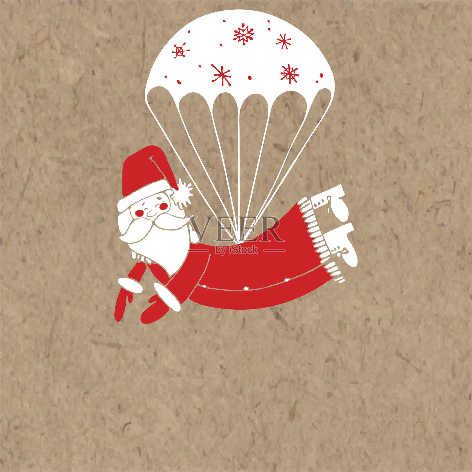 降落伞上的圣诞老人。牛皮纸上的圣诞贺卡或请帖。矢量卡通插图与文字的地方。设计模板素材