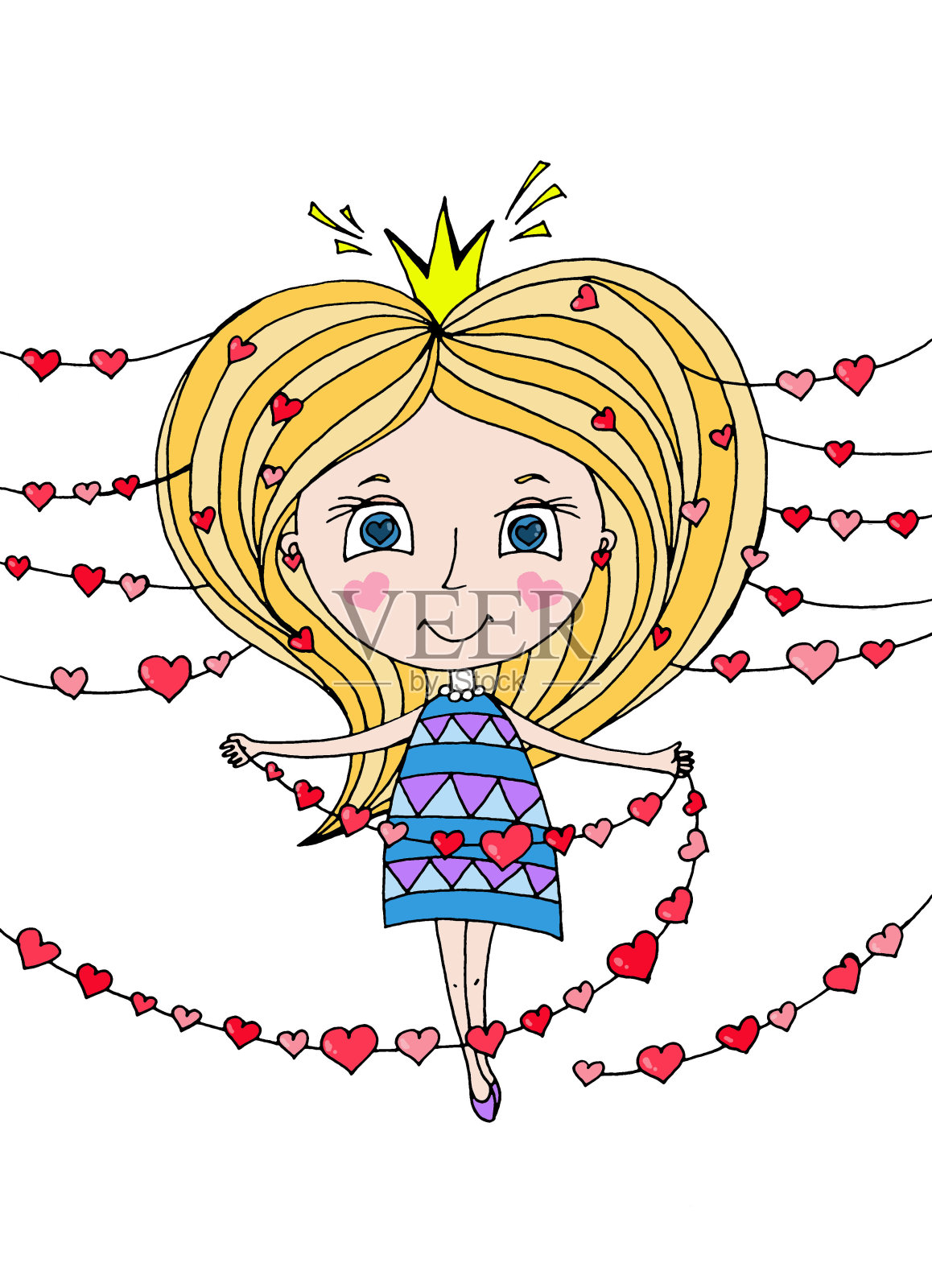 一张情人节的明信片，一个戴着心花环的女孩插画图片素材
