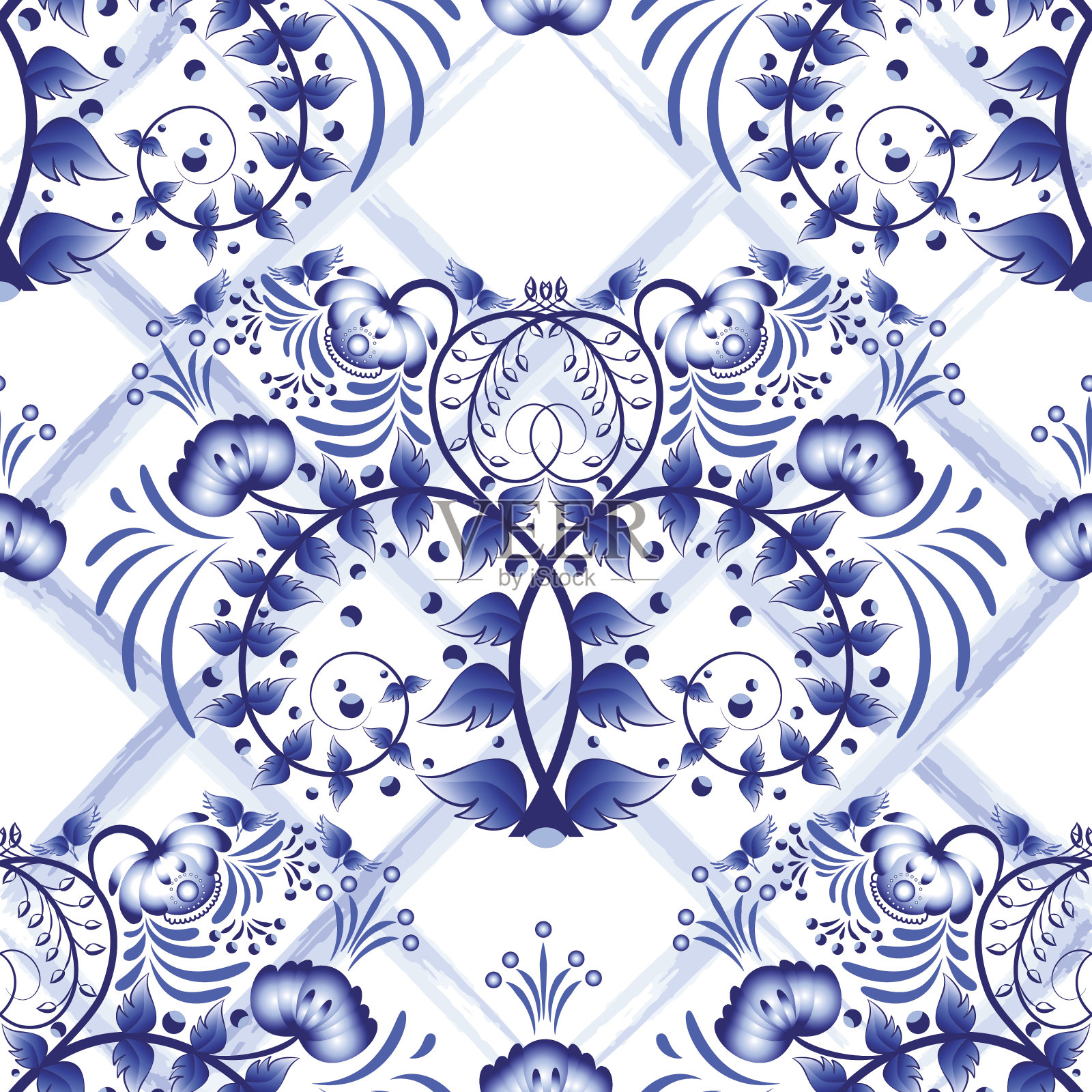 无缝蓝色花卉图案与格子条水彩。在瓷器上模仿俄罗斯风格的Gzhel或中国绘画。插画图片素材