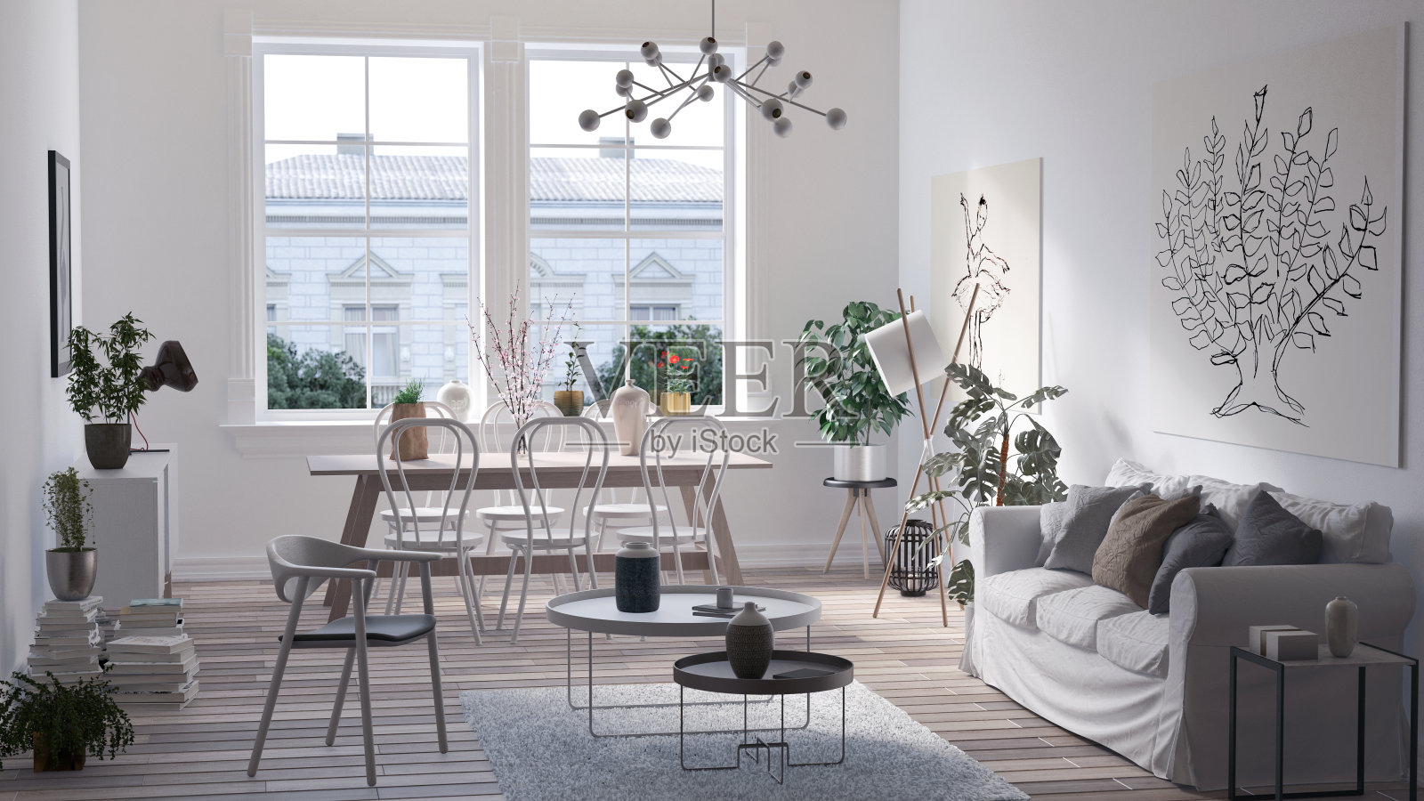 现代斯堪的纳维亚客厅室内-白色设计- 3d渲染照片摄影图片