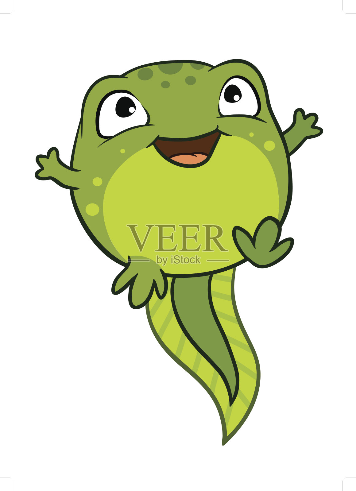 矢量卡通插图可爱的快乐快乐的小蝌蚪的性格，明亮的绿色。设计元素图片