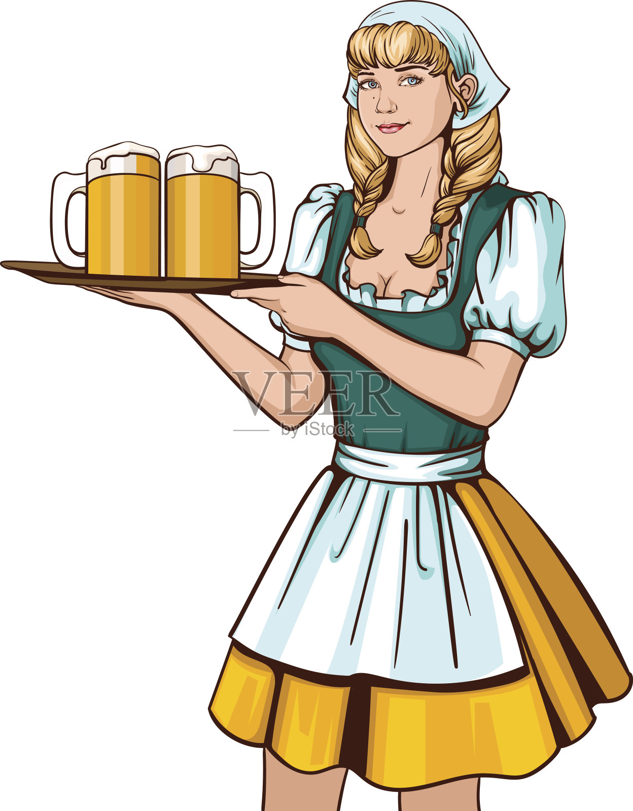 漂亮的年轻女侍者端着一个托盘，里面盛着啤酒。德国啤酒节插画图片素材