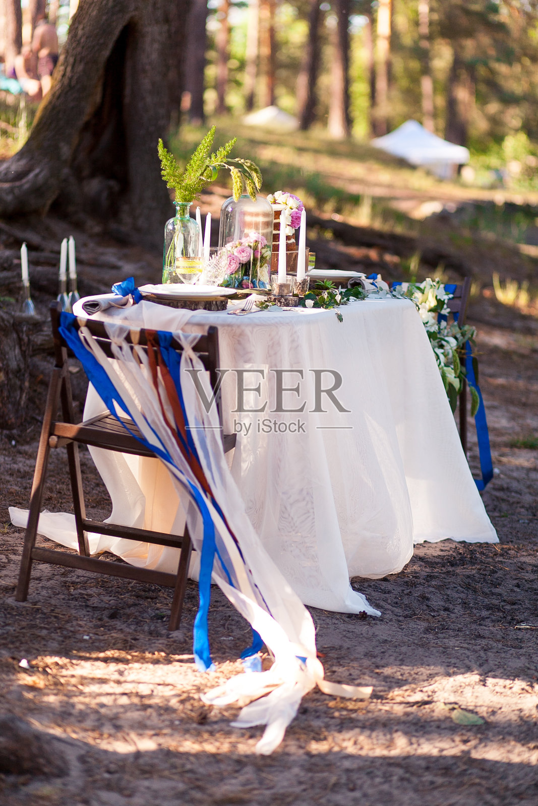 婚礼装饰。木质摄影区位于森林中，由桌子、椅子、玻璃穹顶、彩带和鲜花装饰。照片摄影图片