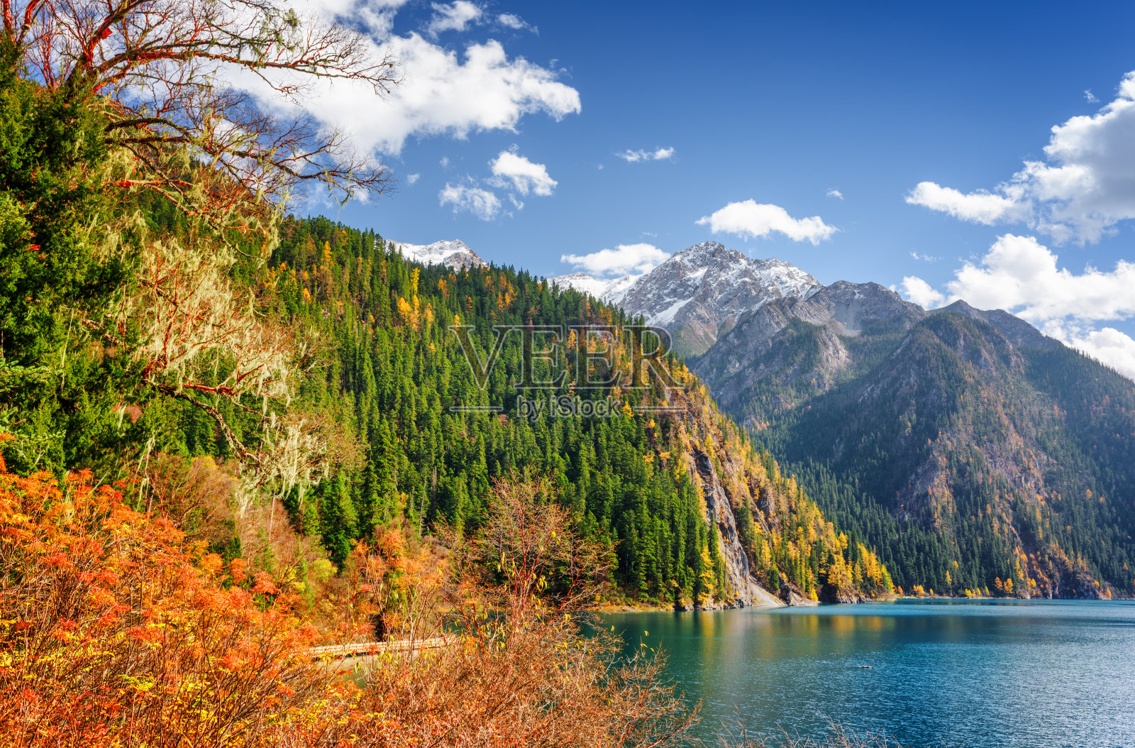 在秋天的森林和山脉之间的长湖的风景照片摄影图片