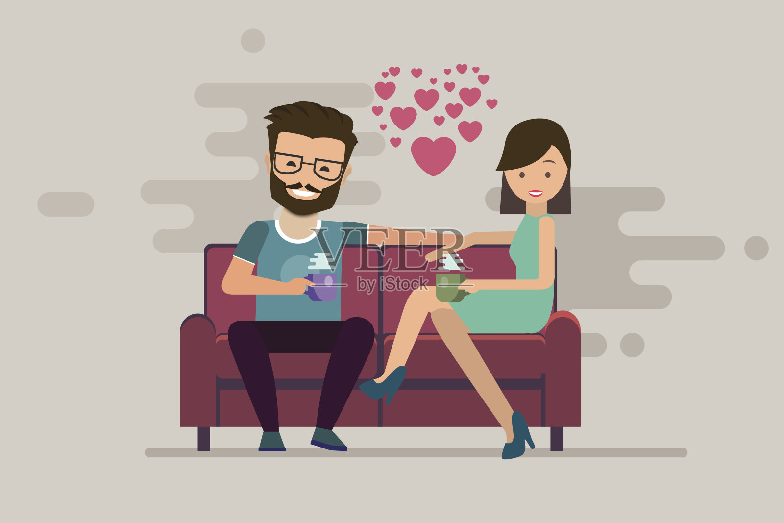 微笑浪漫的夫妇在他们的客厅的沙发上喝咖啡。矢量平面插图插画图片素材