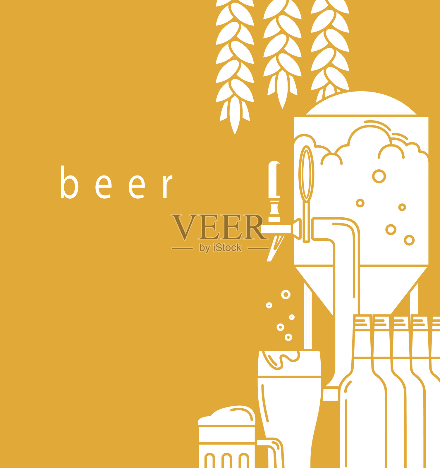 啤酒杯，啤酒杯，啤酒龙头，啤酒厂设备，麦芽。一个为啤酒厂，酒吧，餐厅，酒吧设计的宣传册模板。传单，广告小册子，标签。矢量图被蒙版裁剪。插画图片素材