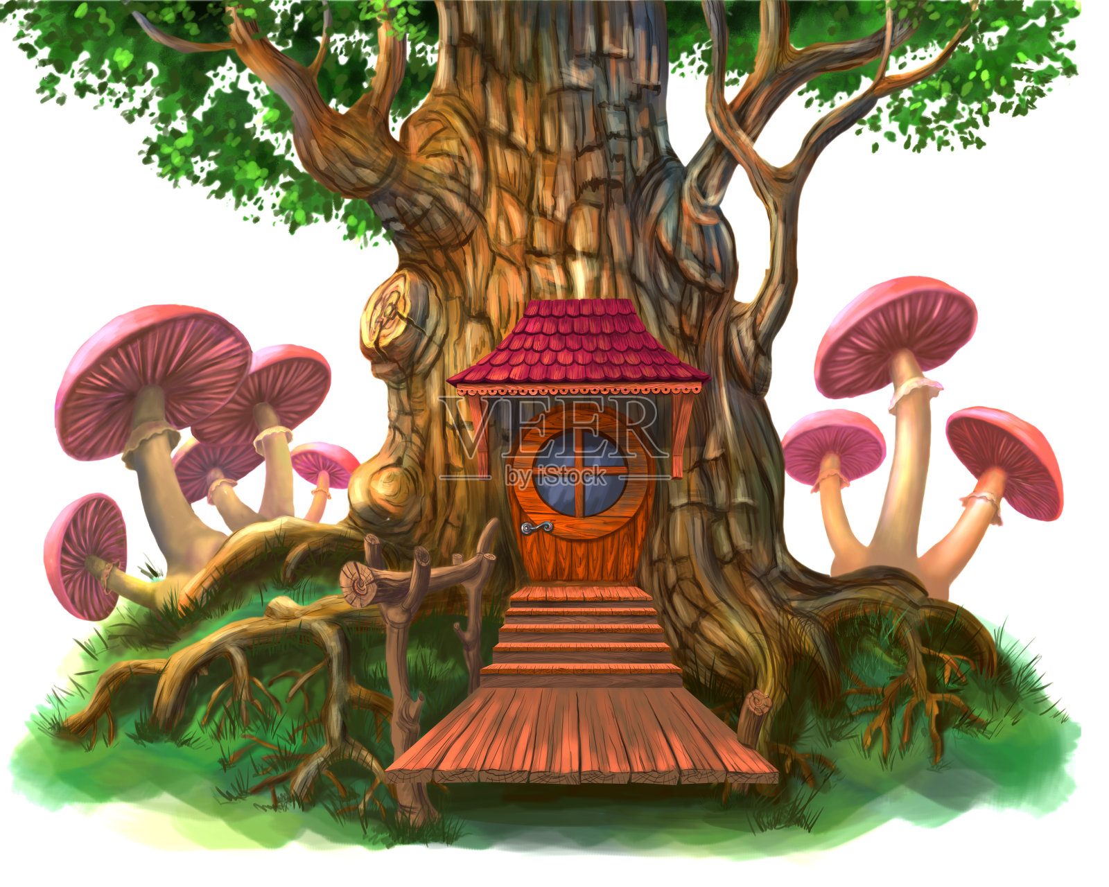 树上的童话小屋插画图片素材