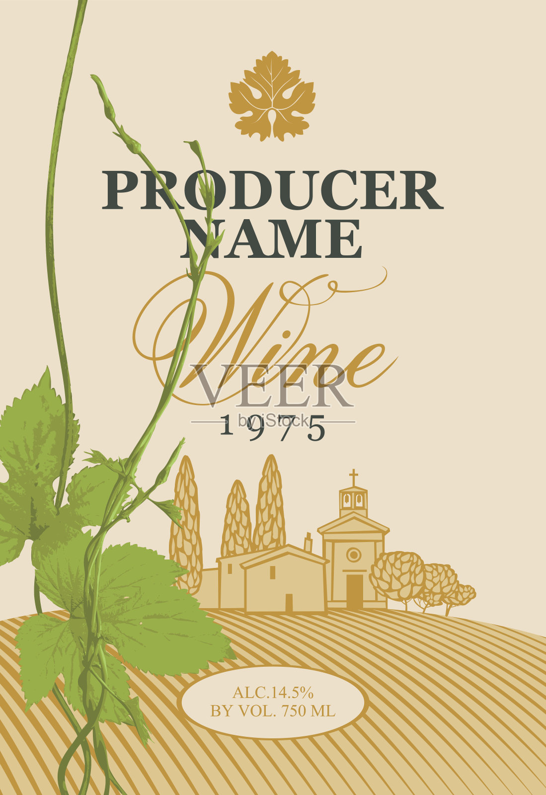 葡萄酒标签与景观和绿色的葡萄藤插画图片素材