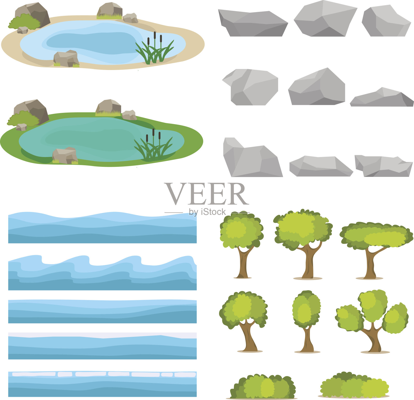 湖水，一套石头，一套树木，一套海景，一套海浪。插画图片素材