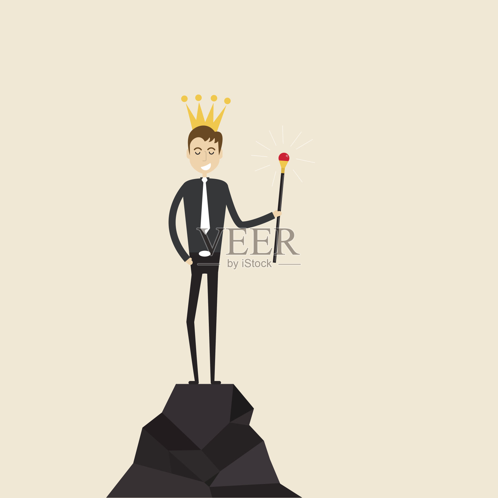 站在山顶，手里拿着权杖，头上戴着皇冠。商业成功或领导力的概念。插画图片素材
