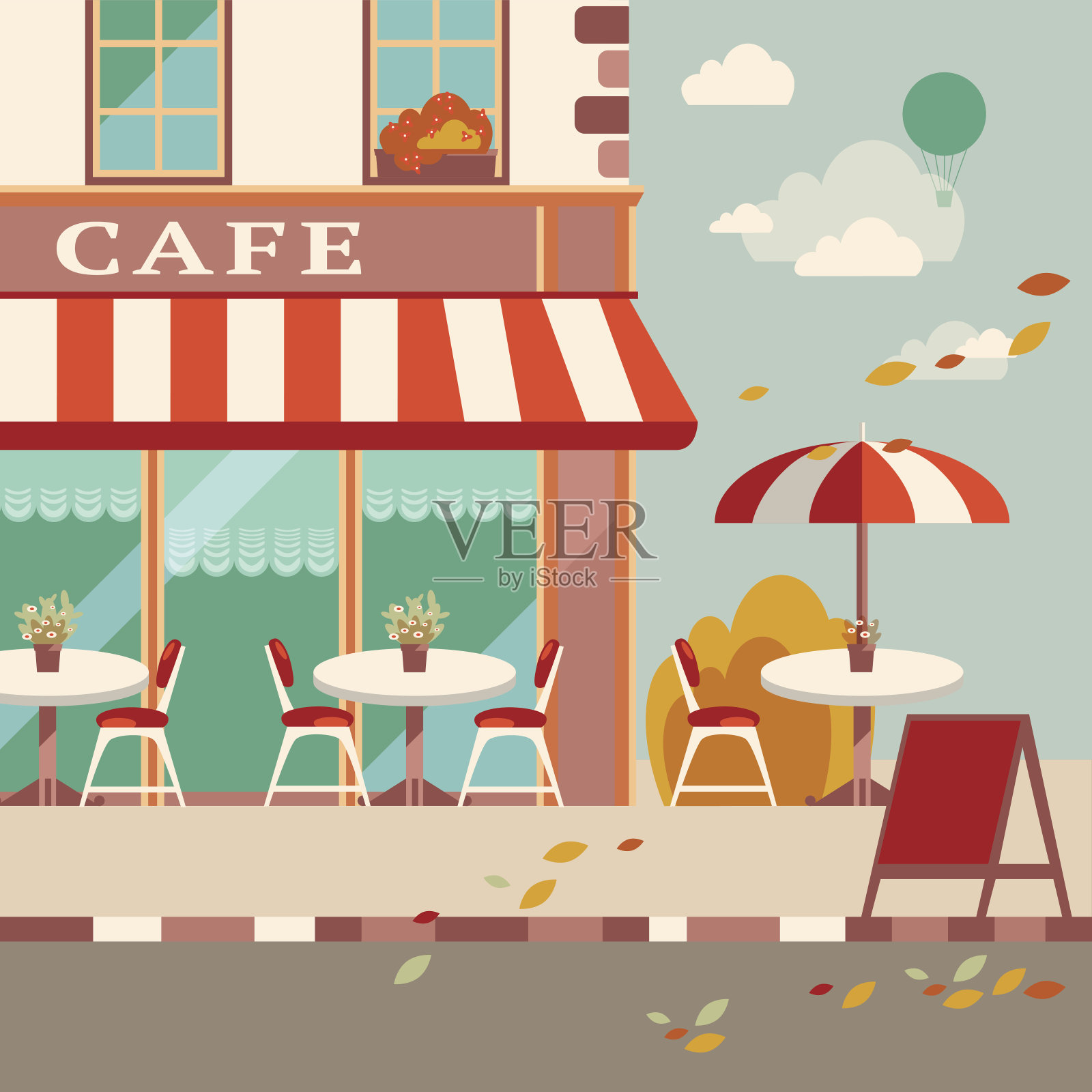 现代平面矢量插图。欧洲大街上的户外咖啡馆插画图片素材