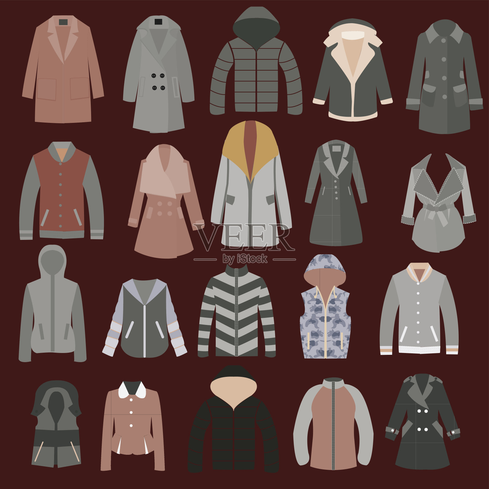 秋、春、冬季节服装。外套，夹克和雨衣。插画图片素材