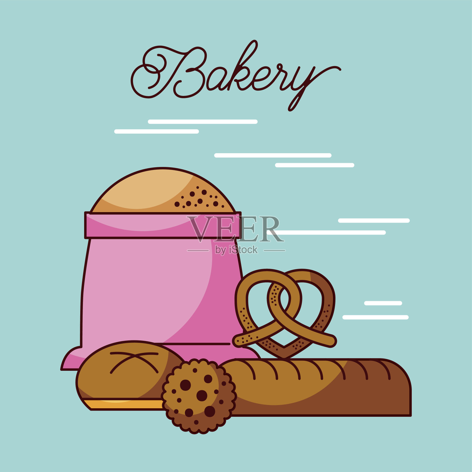 面包袋面粉，饼干和椒盐卷饼插画图片素材