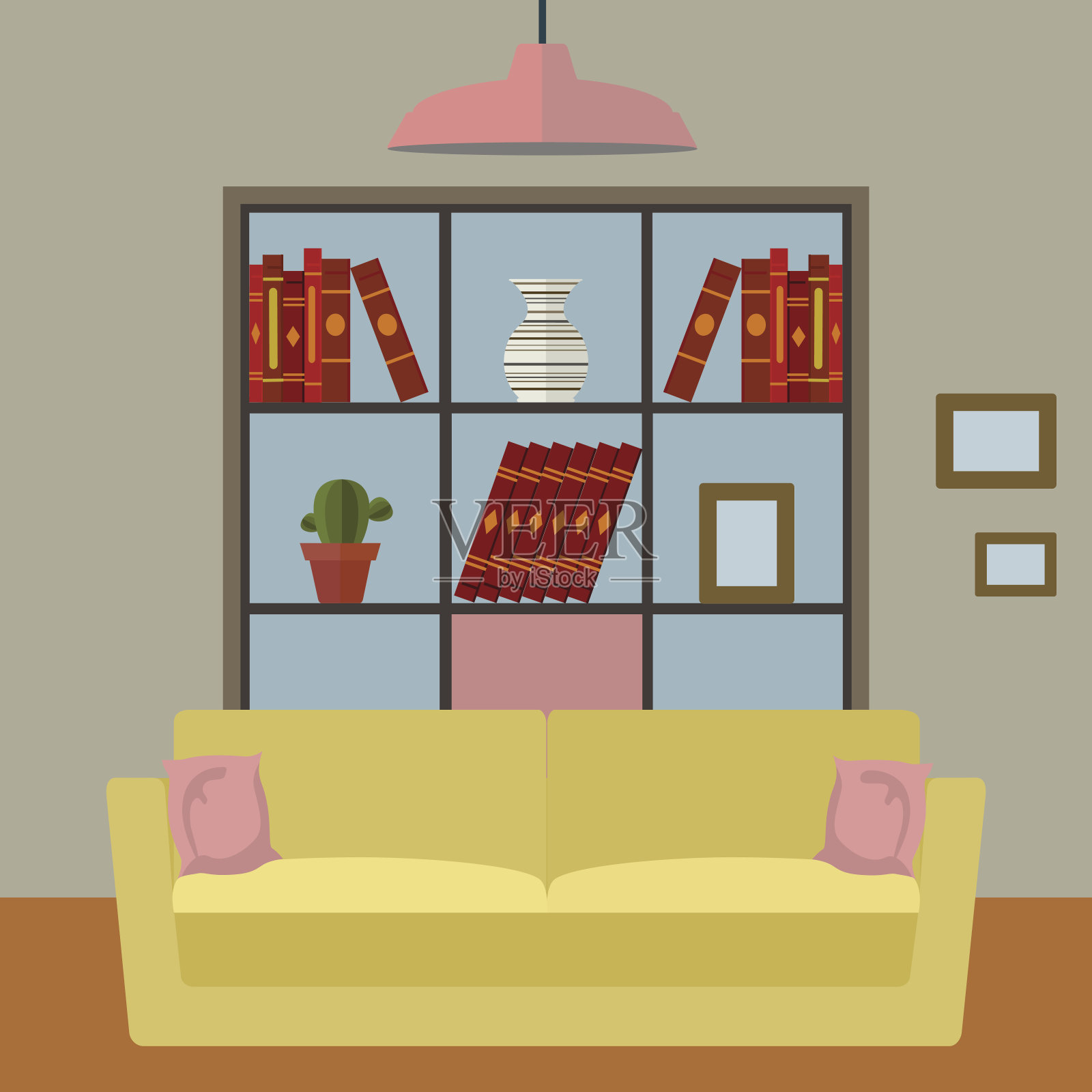 客厅内部采用沙发和书架矢量设计插画图片素材