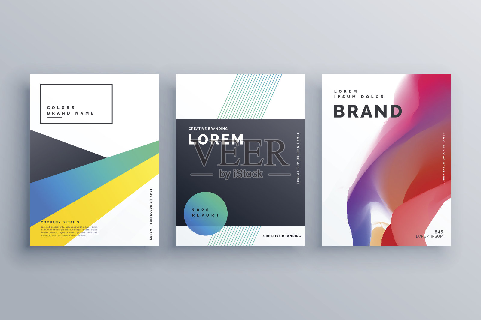 创意的商业品牌设计与三个小册子，以最小的风格展示设计模板素材