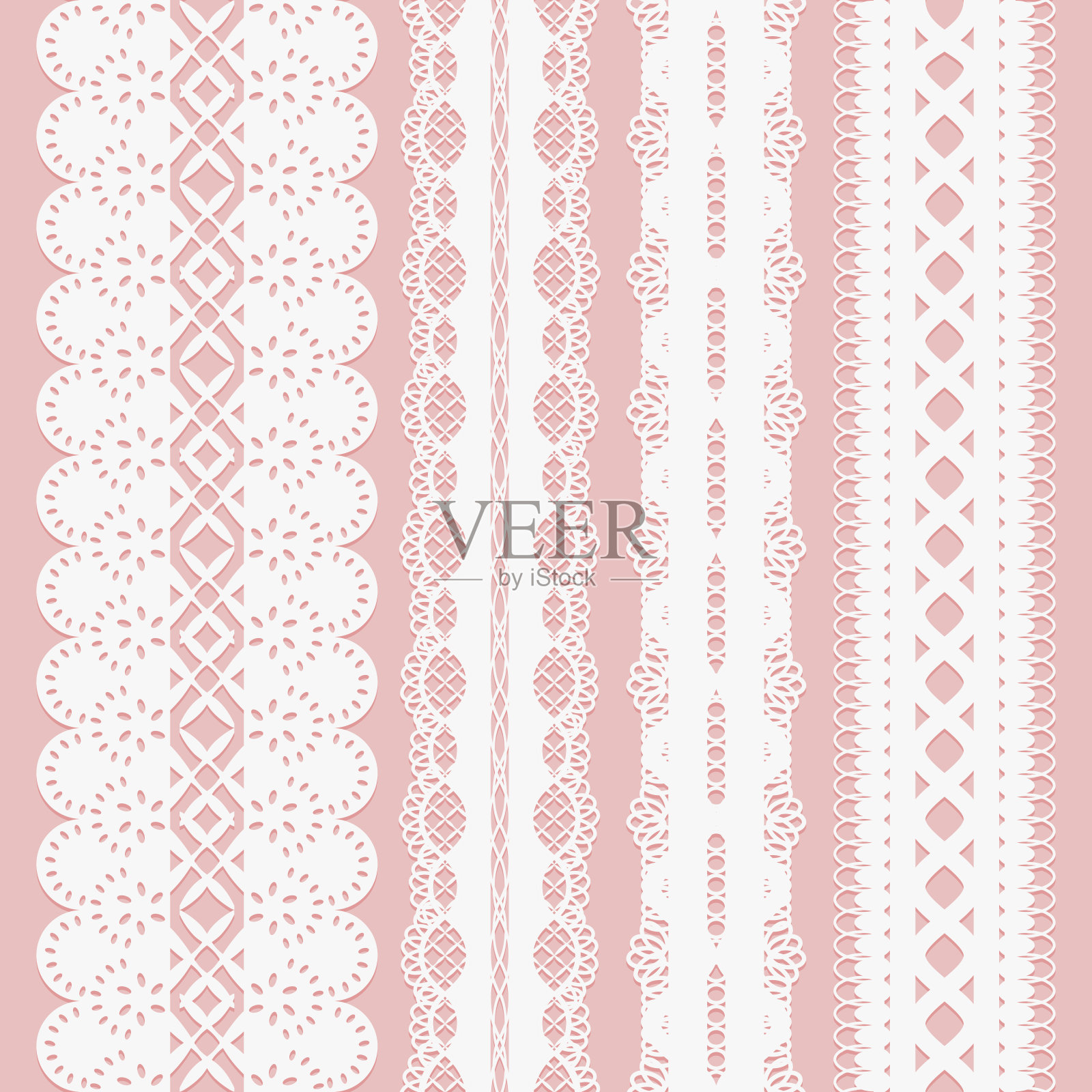 一套无缝的白色蕾丝丝带在粉红色的背景为剪贴簿。设计元素图片