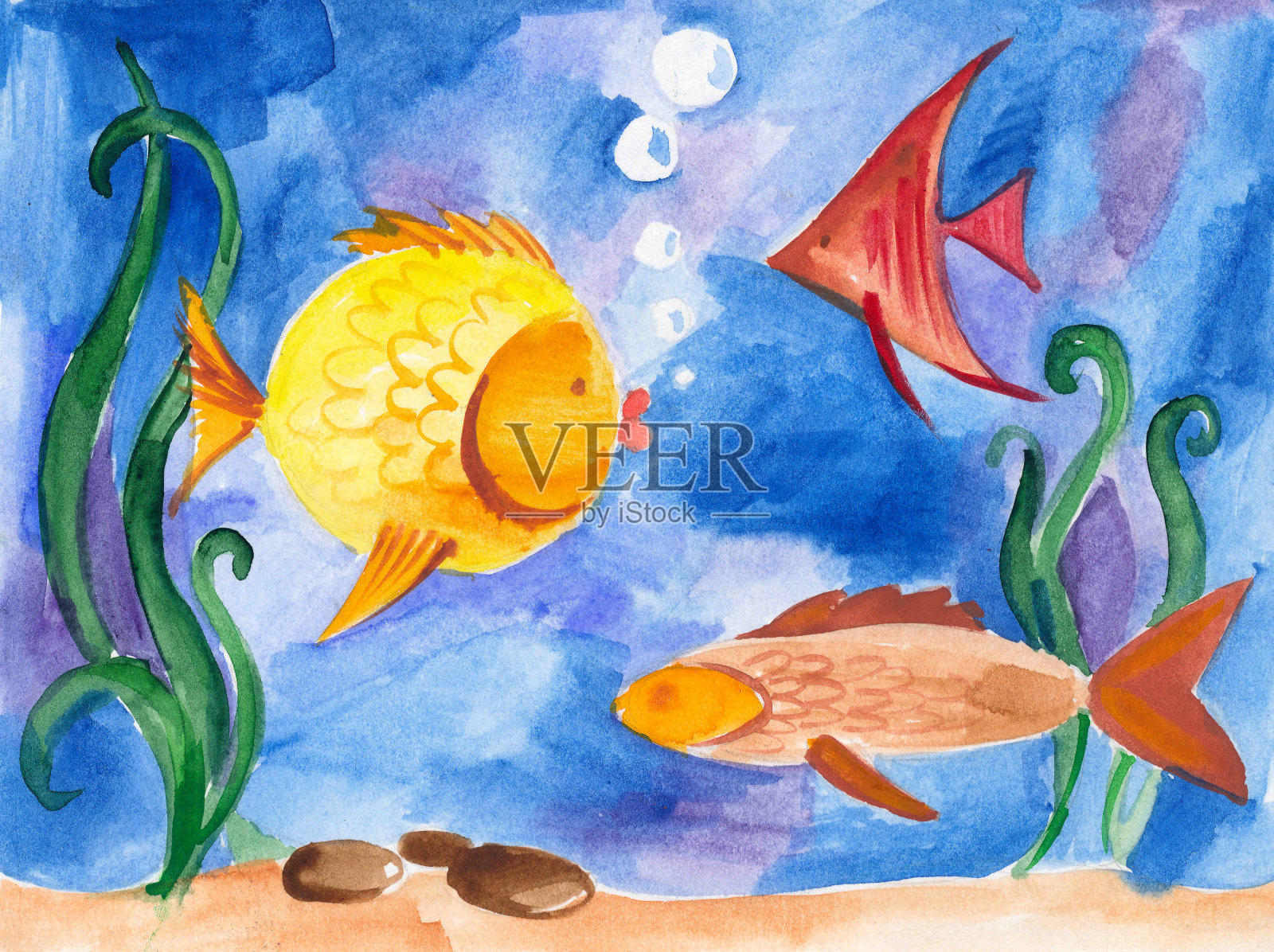 水彩画，海里的鱼，贝壳和海藻插画图片素材