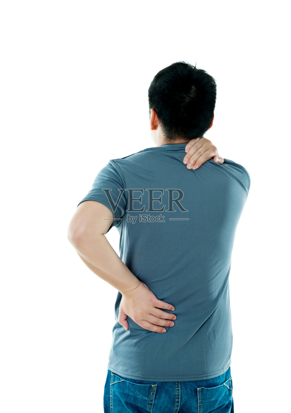一个背部和颈部疼痛的亚洲年轻人照片摄影图片