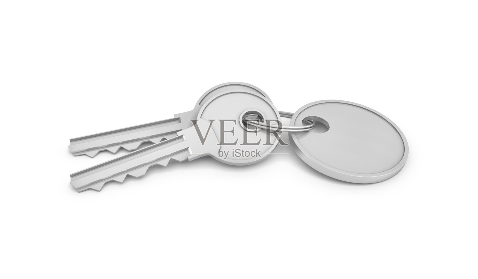 一个带标签的钥匙环上的两个孤立的银钥匙的3d渲染照片摄影图片