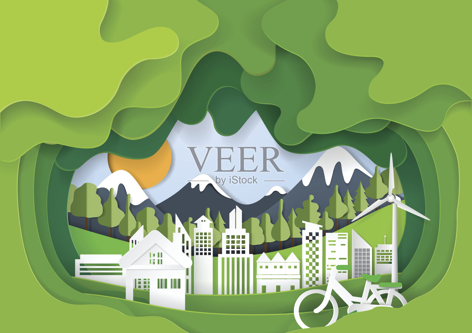 绿色抽象生态城市纸艺术背景插画图片素材