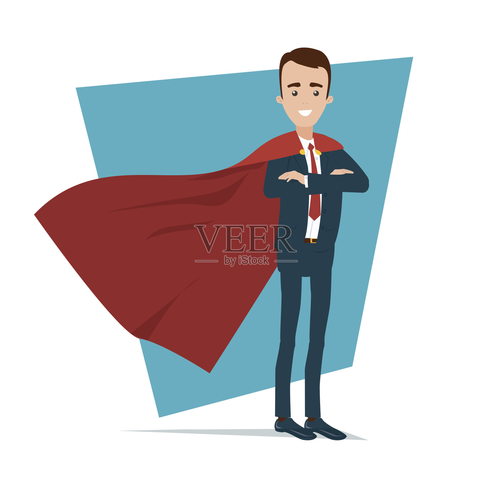 一位超级英雄商人自信地站着。双手叠在胸前。一件红斗篷在风中飘扬插画图片素材