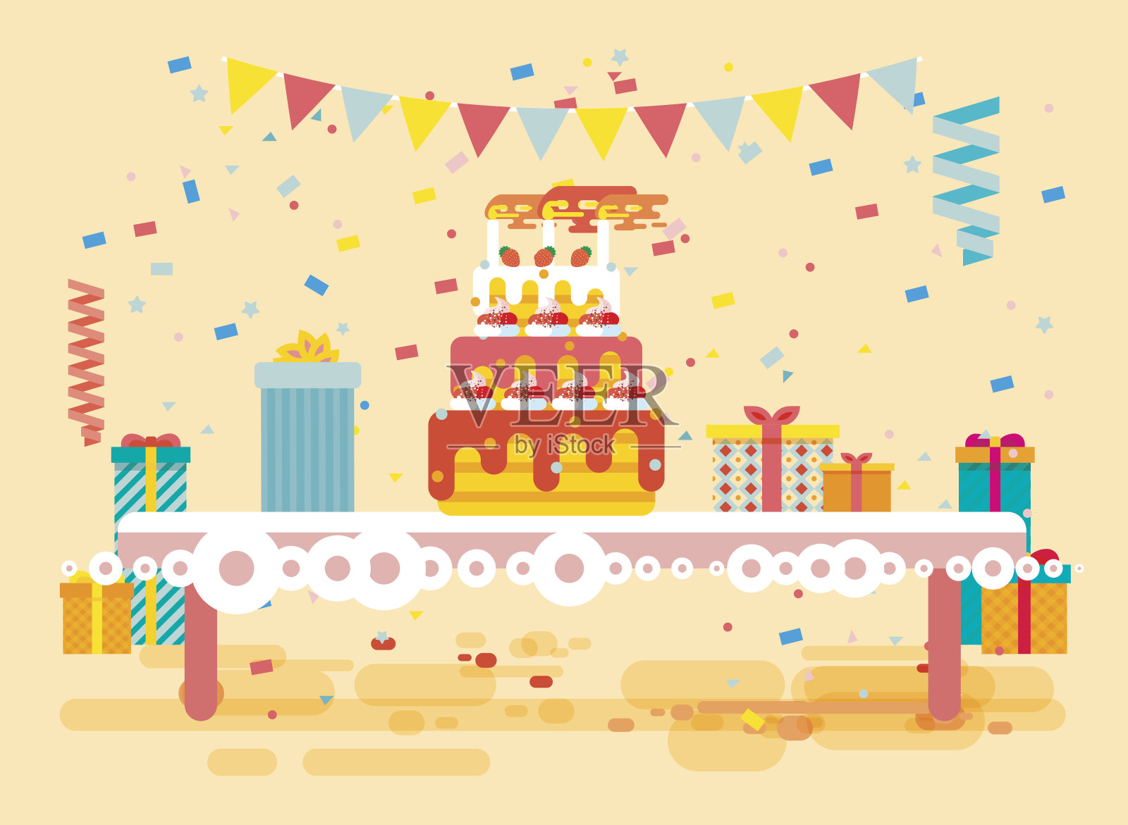 矢量插图巨大的节日蛋糕与蜡烛桌上，纸屑，庆祝快乐的生日，祝贺，礼物，平面风格的米色背景元素的网站，横幅，运动设计设计模板素材