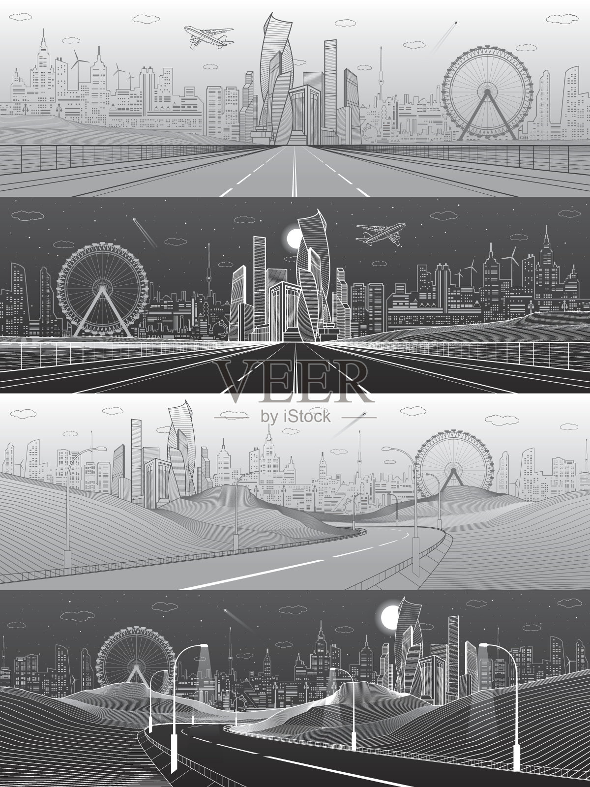 城市基础设施插图集。宽阔的公路。未来城市天际线的背景。现代建筑，摩天大楼，摩天轮，飞机飞。白色和灰色的线条，城市场景。矢量设计艺术插画图片素材