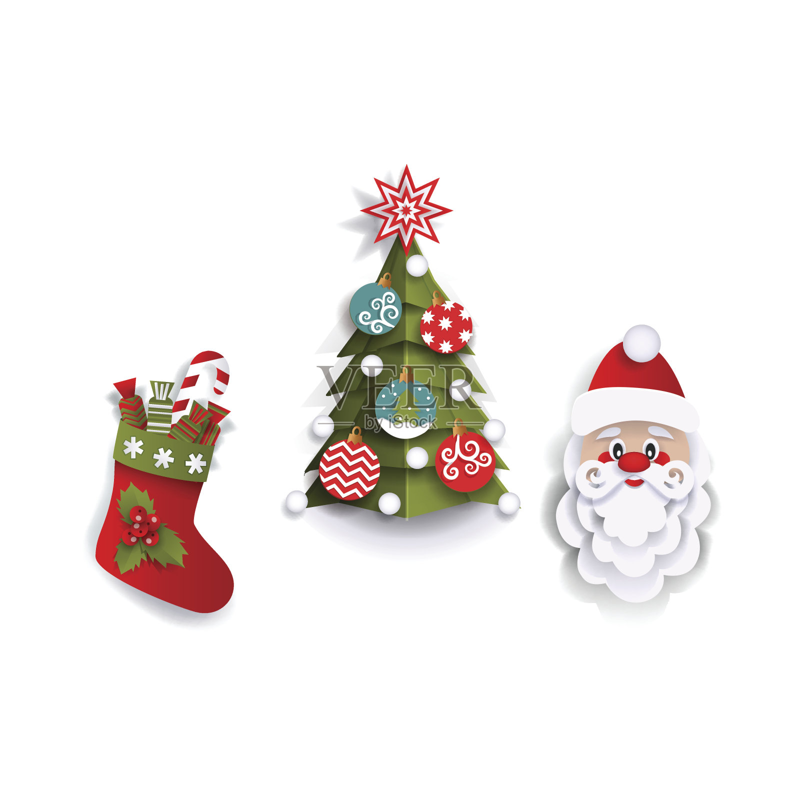 剪纸圣诞树、长袜和圣诞老人设计元素图片