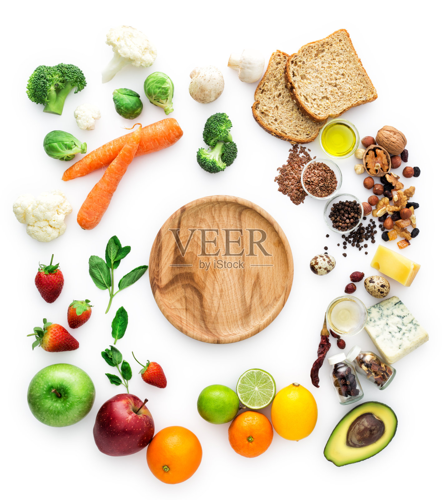 健康饮食，蔬菜，水果，空木盘照片摄影图片