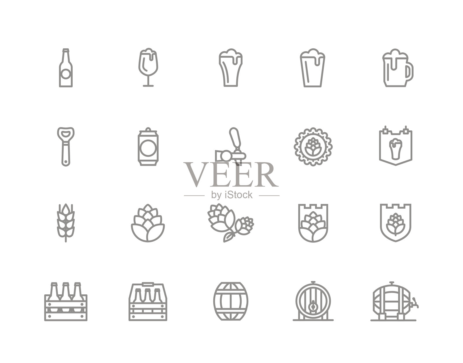 一套向量啤酒和酒吧，酒吧线图标。酒精，瓶子，杯子，大麦，啤酒花，酒桶，啤酒，泡沫，酒桶，烧杯，罐子和更多。可编辑的中风。图标素材