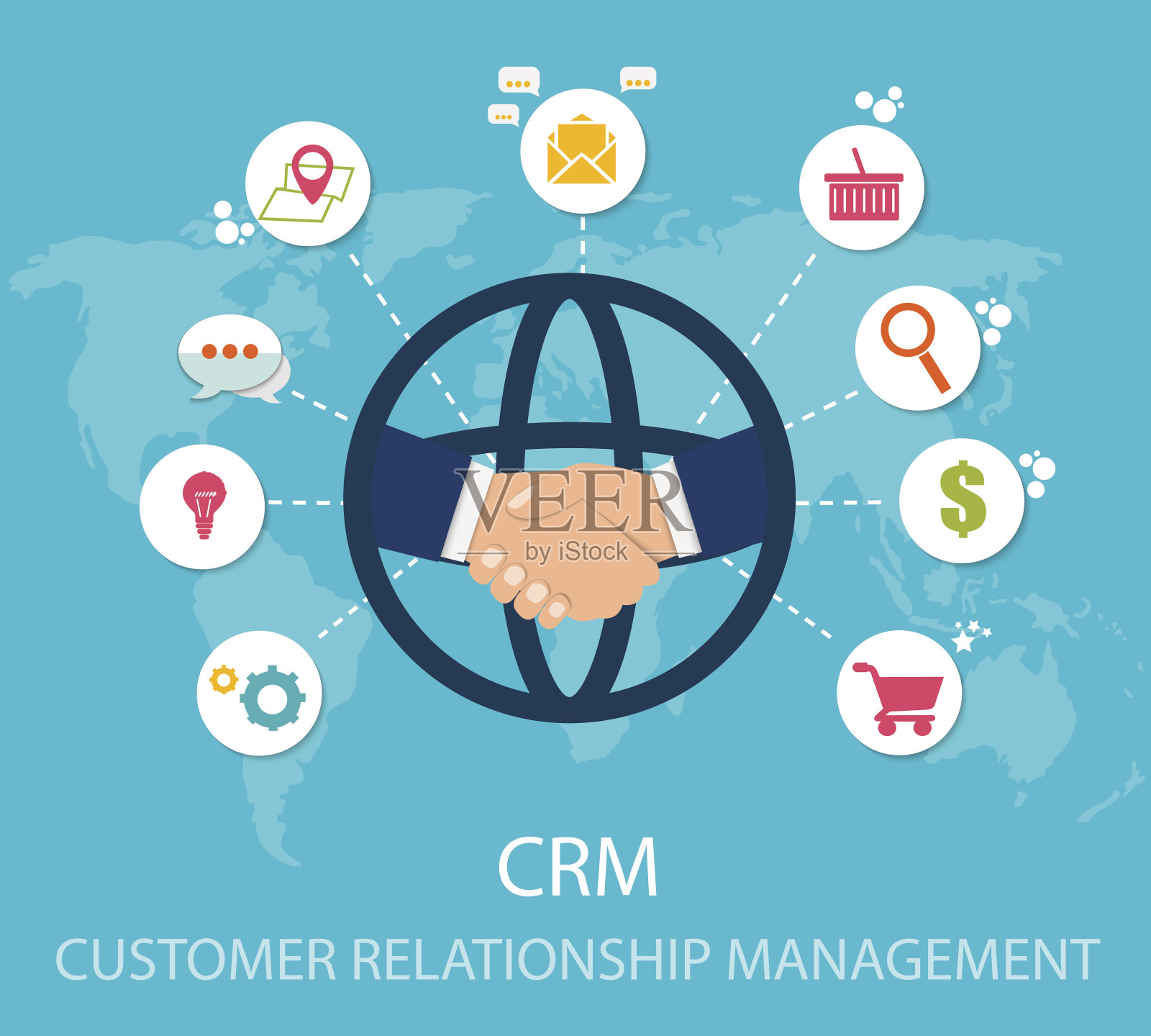 CRM:客户关系管理。会计系统、客户、支持、交易的平面图标。与客户一起工作的数据组织，CRM概念。矢量插图EPS10插画图片素材