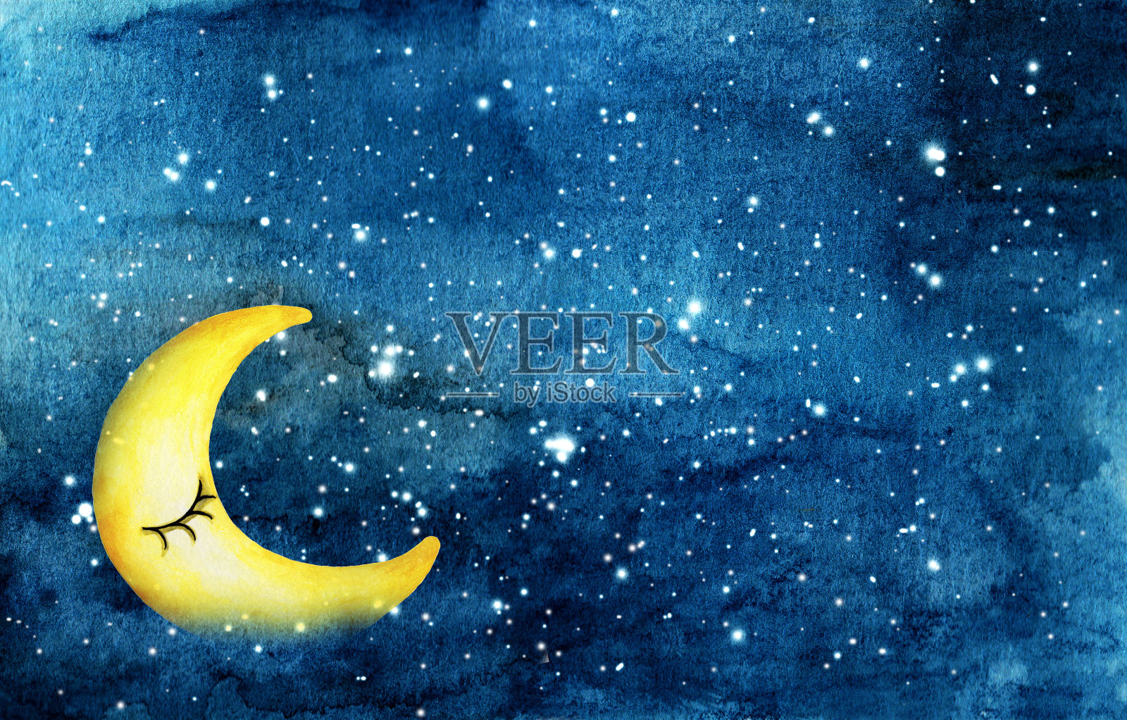 夜空与黄色新月和星星水彩抽象染色夜空背景插画图片素材