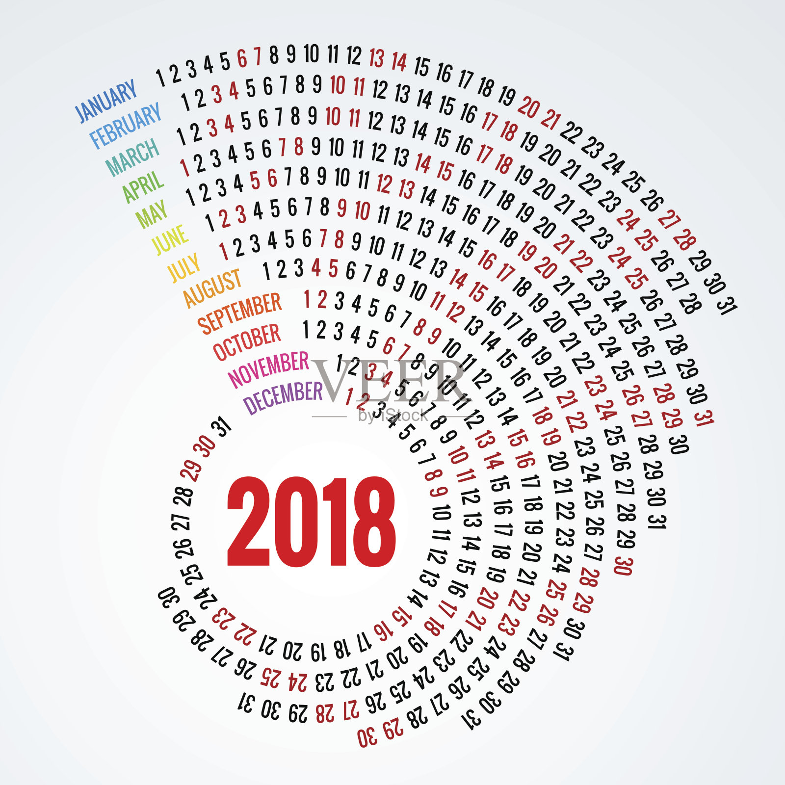 2018年日历打印模板螺旋日历套12个月圆形计划2018年。设计模板素材