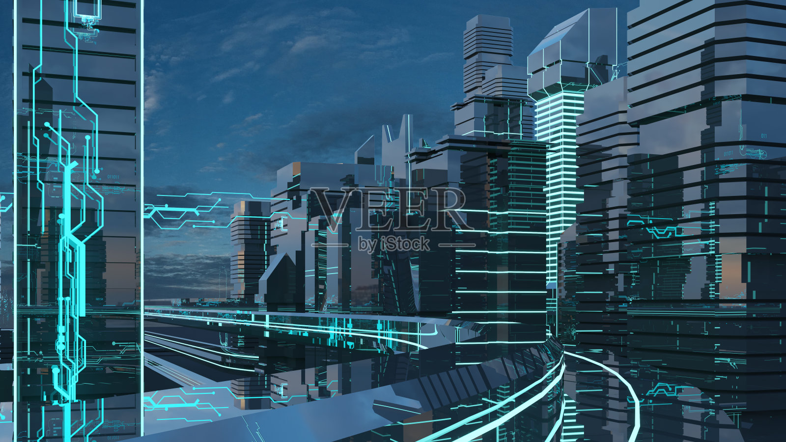 未来主义的摩天大楼在流动。数字数据的流动。未来之城。3 d演示。三维渲染照片摄影图片