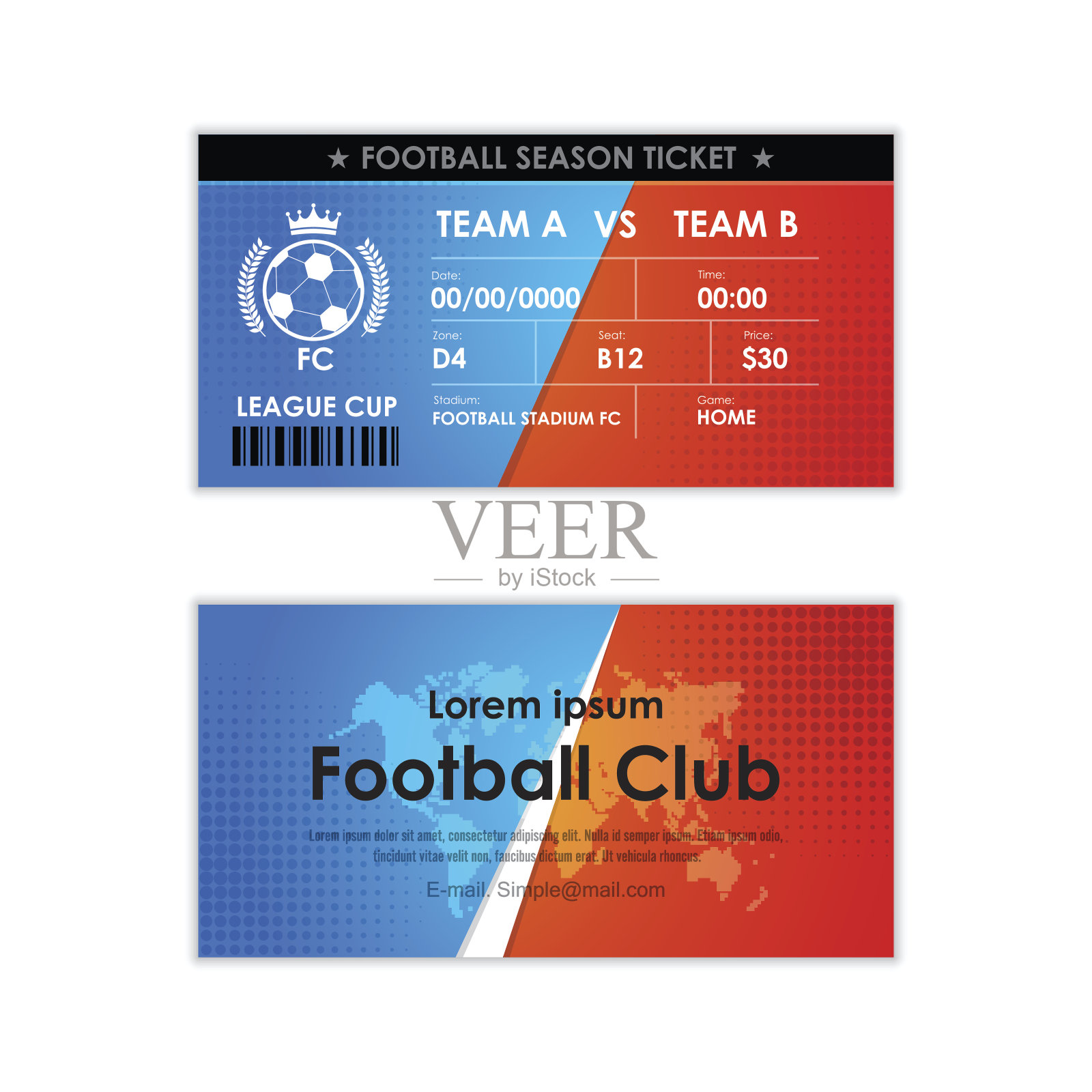 足球，足球门票卡元素蓝色和红色与半色调图形设计。矢量插图。设计模板素材