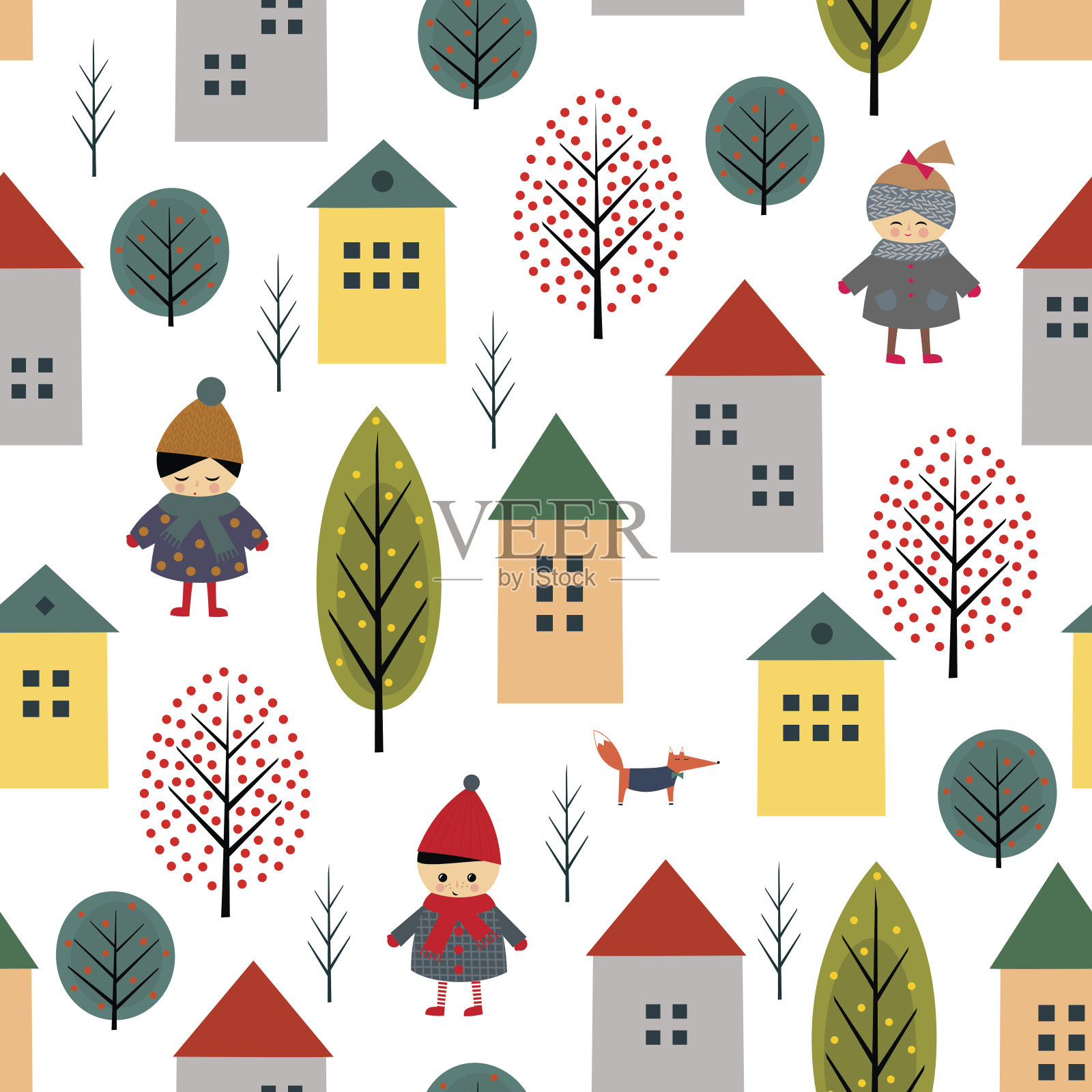 可爱的房子，孩子，狐狸和树木无缝图案的白色背景。插画图片素材