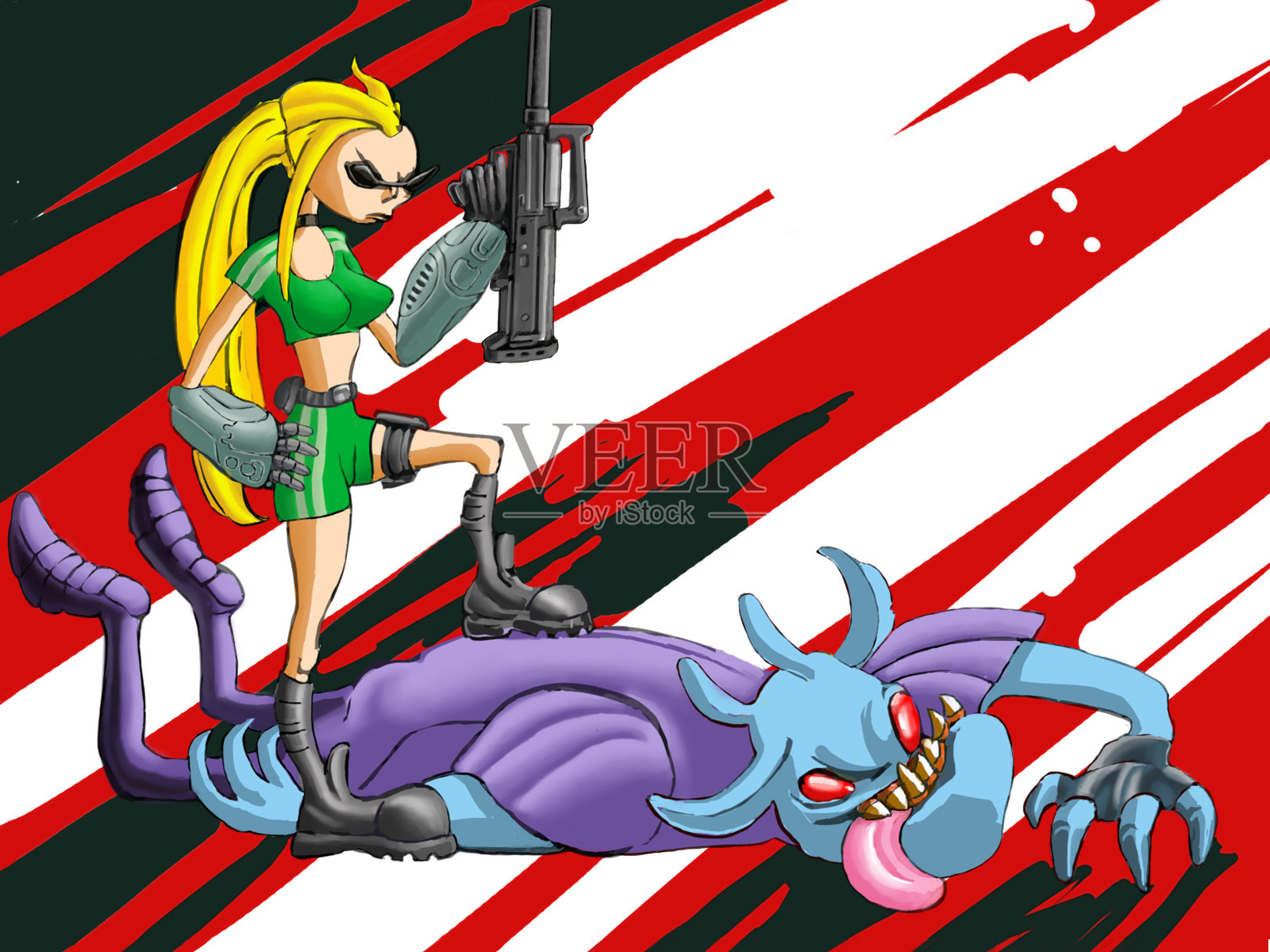 酷怪物杀手女孩拿着步枪站在一个堕落的恶魔旁边。科幻小说插图。插画图片素材
