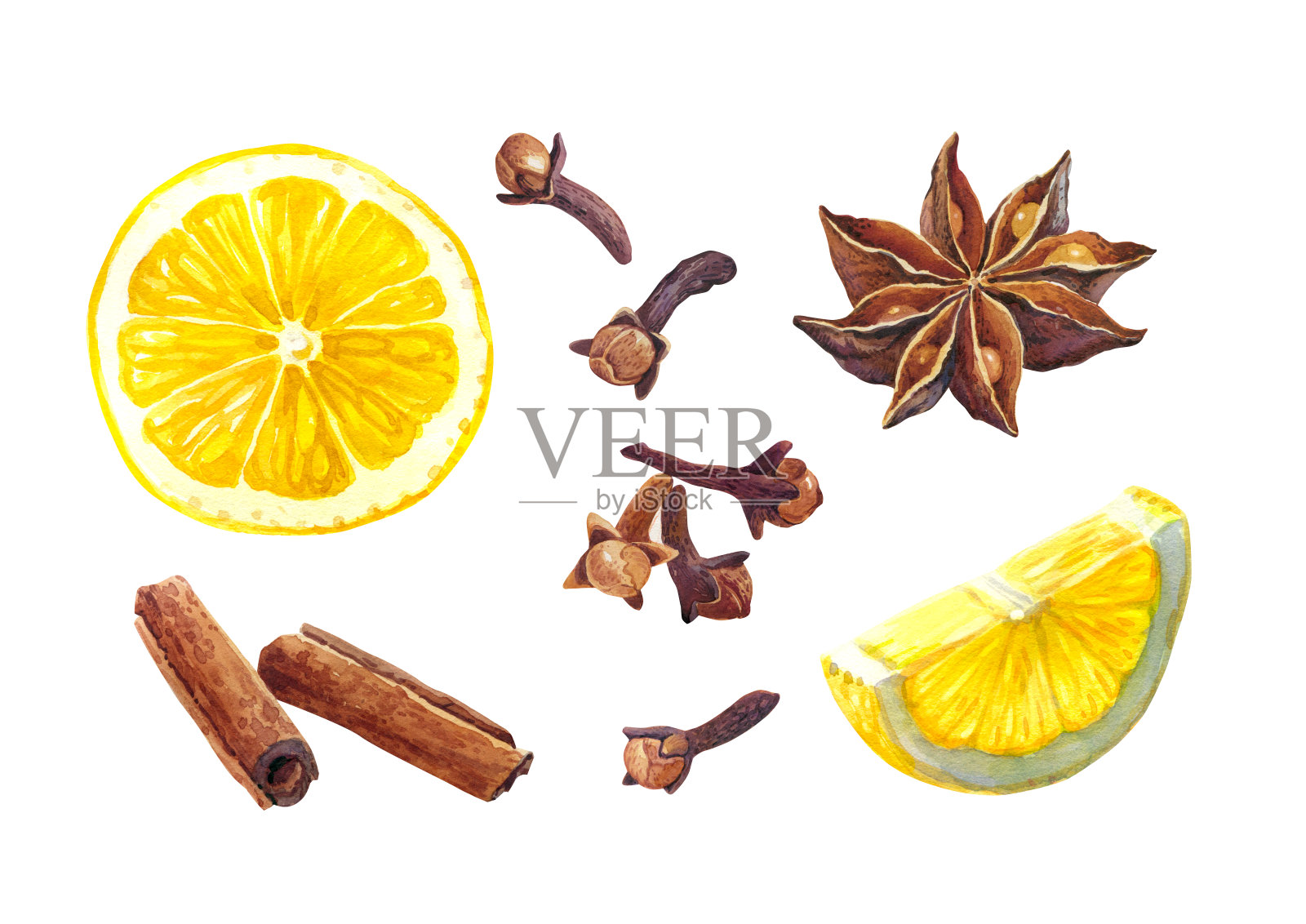 柠檬和冬季香料孤立在白色水彩插图插画图片素材
