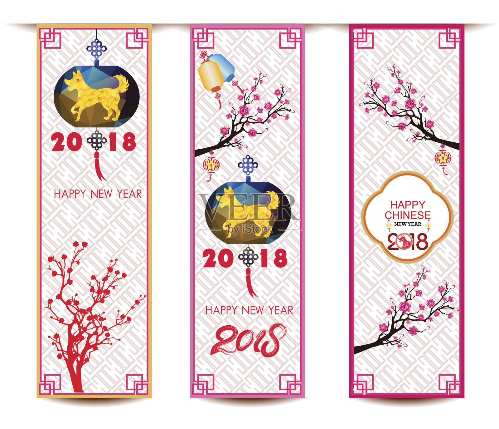 悬挂的横幅上有中国新年的狗，樱花，灯笼设计模板素材