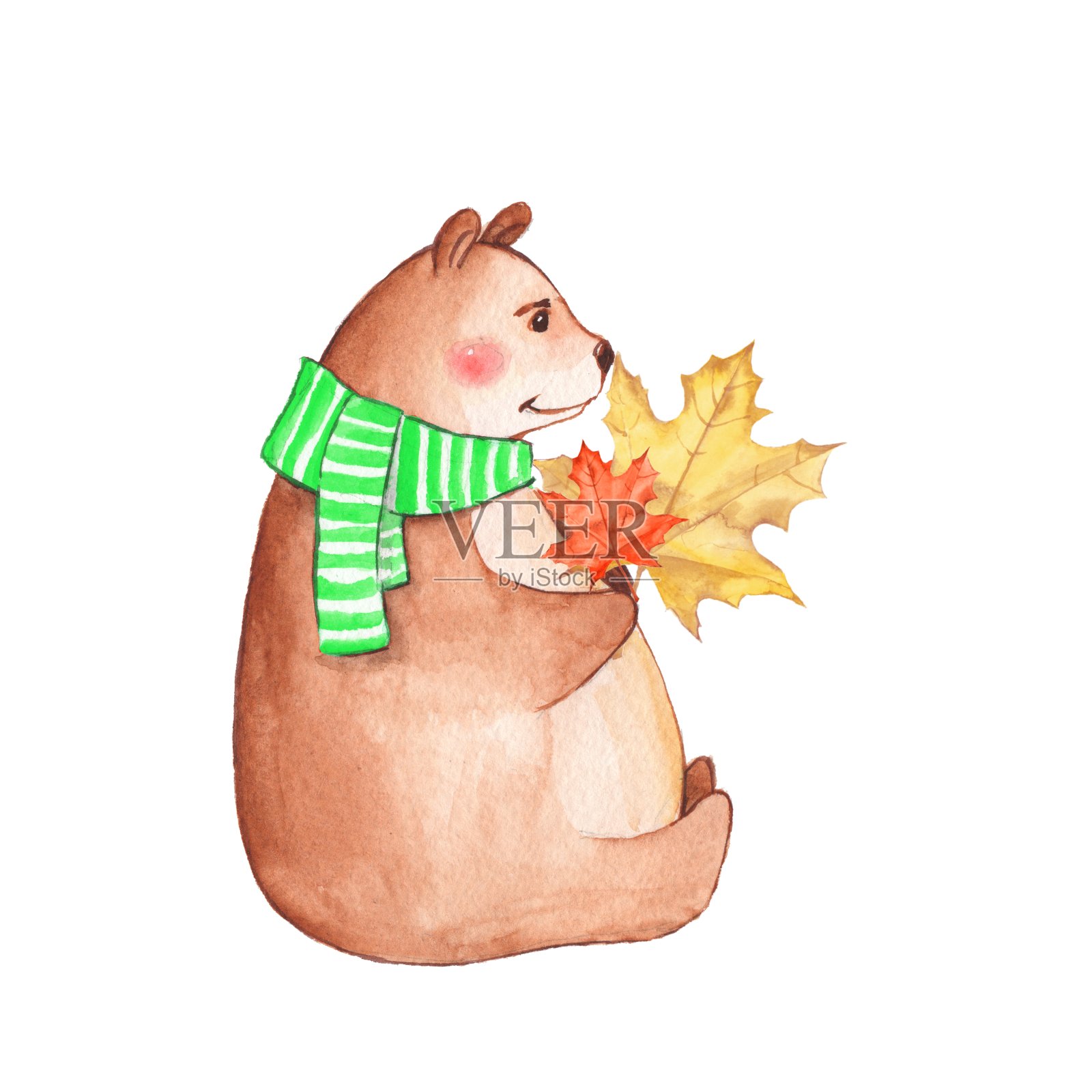 泰迪熊和秋天的树叶插画图片素材