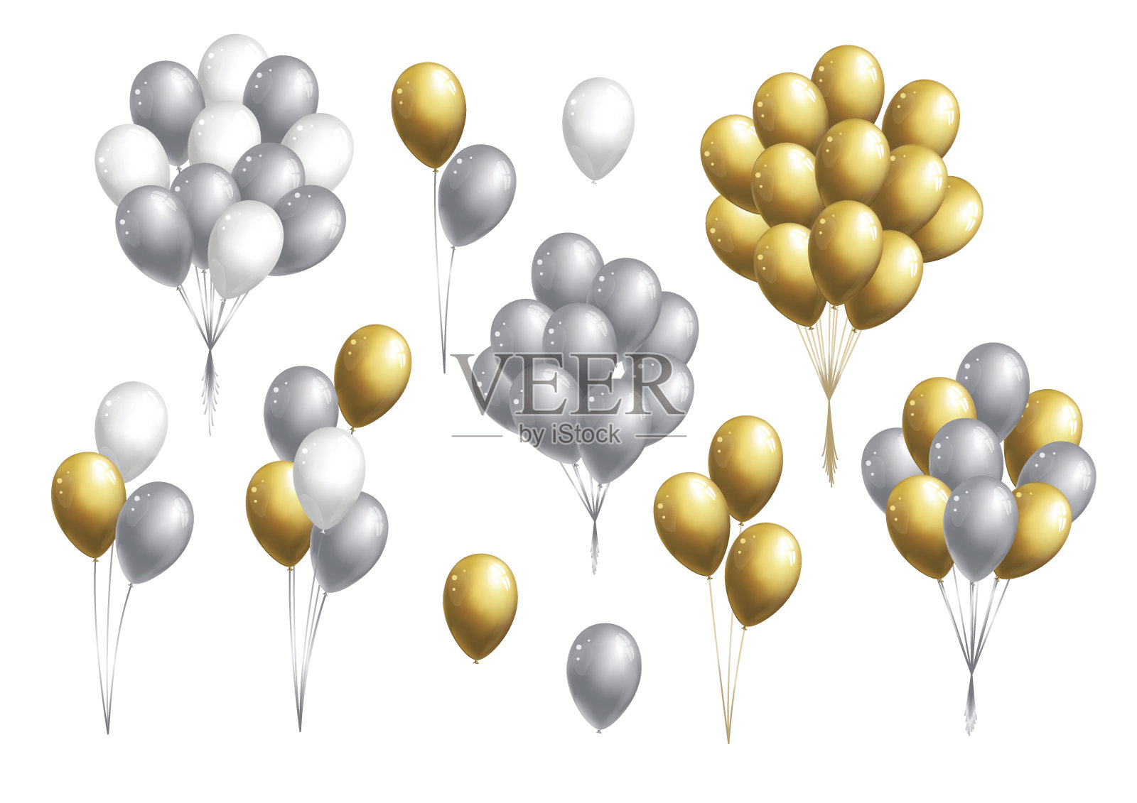 银色、金色和白色的气球成串插画图片素材