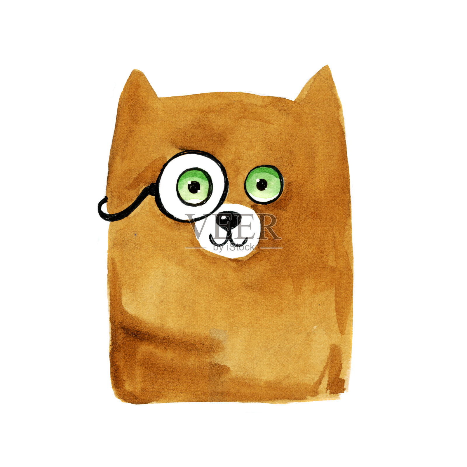 水彩插图。微笑的姜猫在眼镜手绘在孩子斯蒂尔插画图片素材
