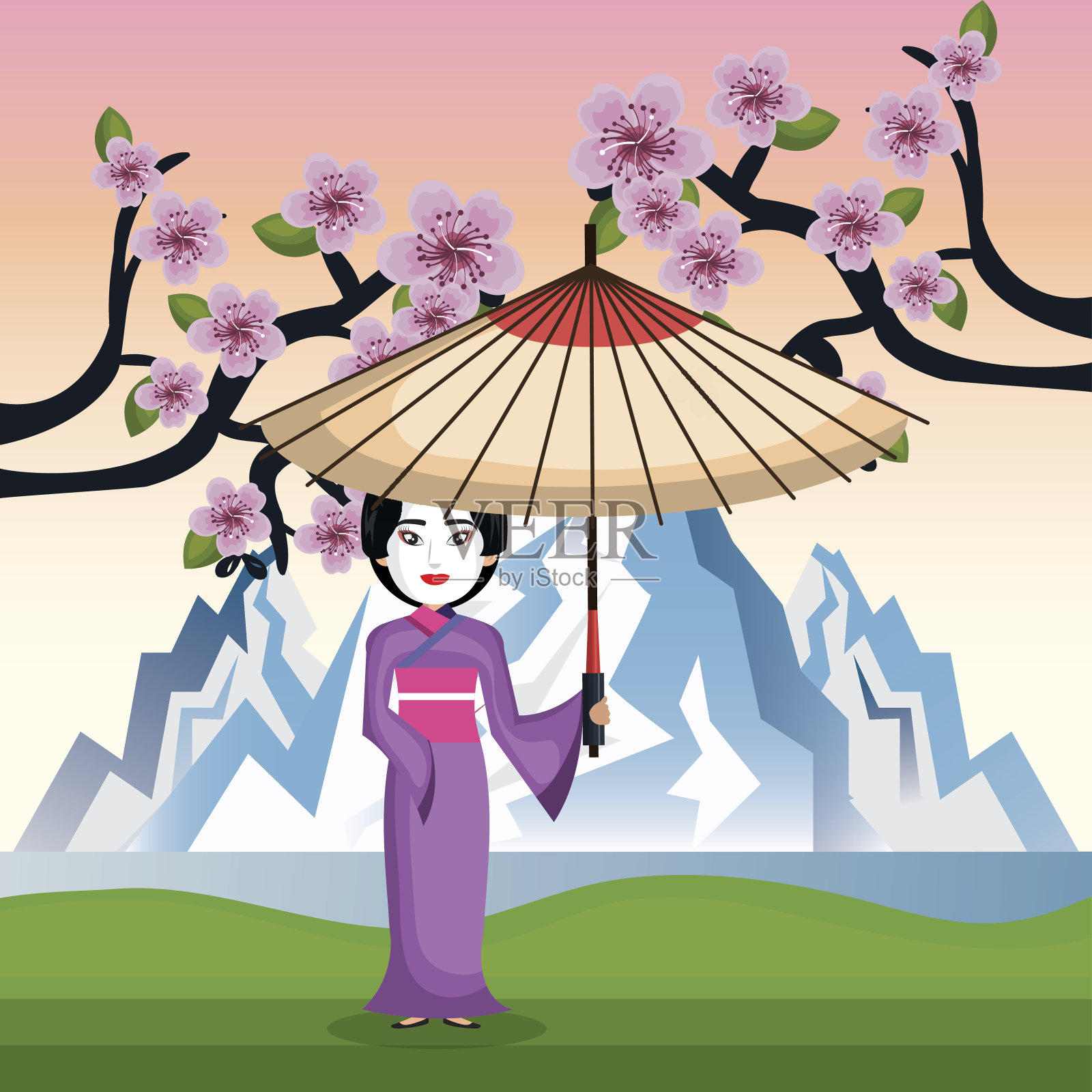 女孩日本和服欢迎日本图标插画图片素材
