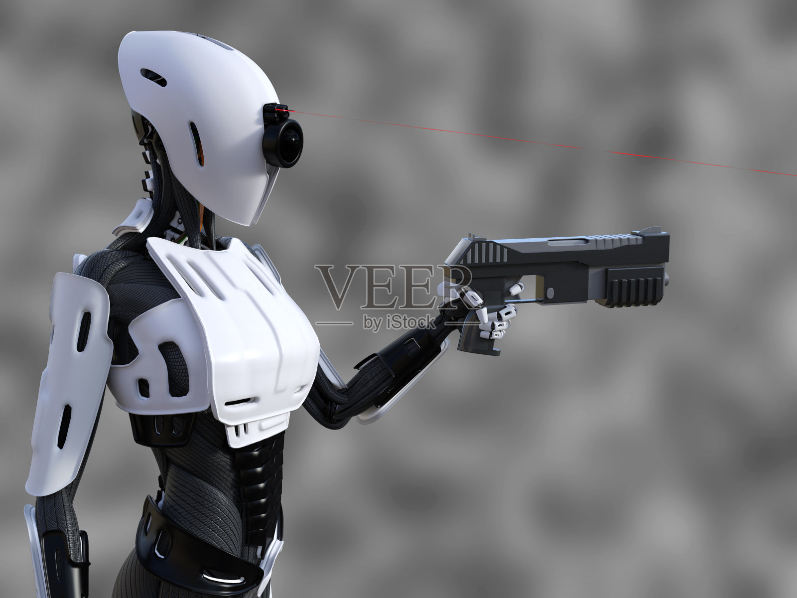 一个带枪的女性机器人的3D渲染图。照片摄影图片