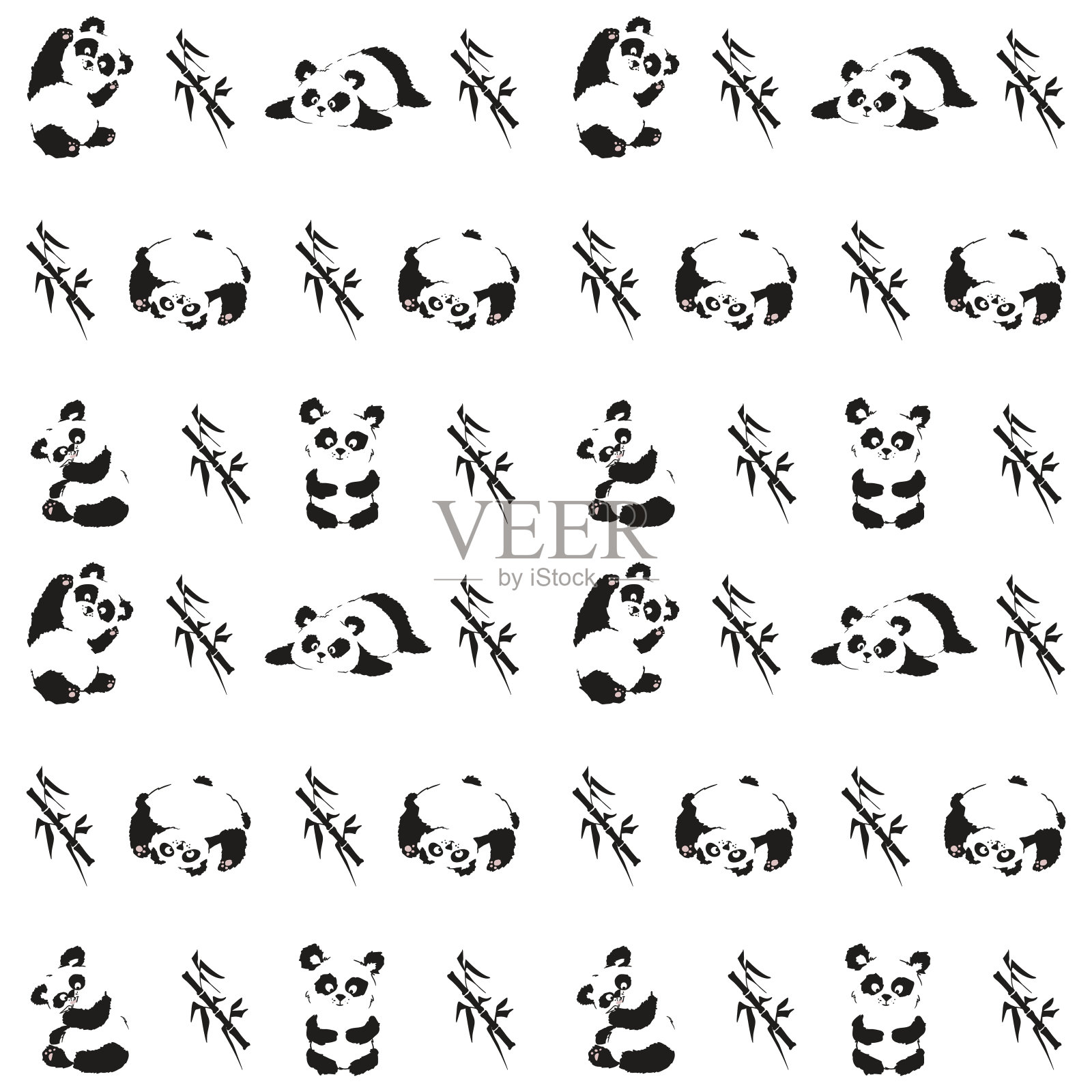 无缝图案与玩熊猫和竹子。手绘矢量图插画图片素材
